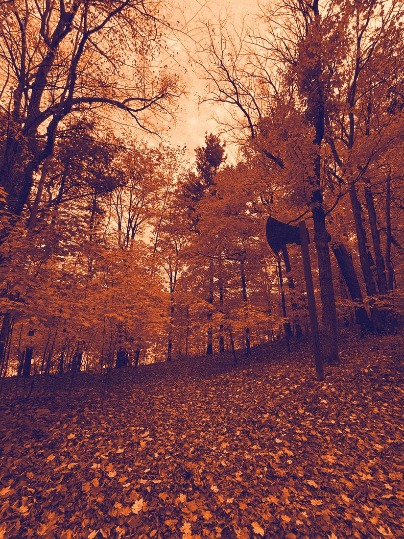 A giant wooden axe sign standing in a hillside of fall maples